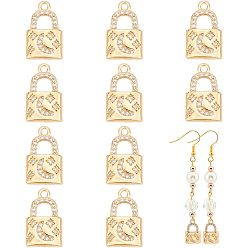 Light Gold Brass Rhinestone Pendants, Padlock with Moon & Star Charms, Light Gold, 16~16.5x9.5~10x2.7mm, Hole: 1.6mm