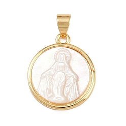 Virgin Натуральный белый оболочки плоские круглые подвески, с латунной, реальный 18 k позолоченный, долговечный, без кадмия и без свинца, стойки покрытие, девственница, 19.5~20x17x3~3.5 мм, отверстие : 4.5x3.5 мм