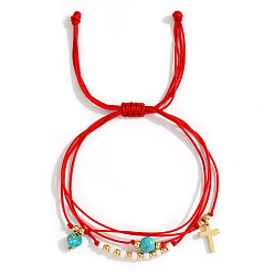 Красный Браслеты с подвесками в виде креста из синтетической бирюзы и латуни, плетеные браслеты из волоконного шнура для парной дружбы, с открытки, красные, внутренний диаметр: 11 дюйм (28 см)