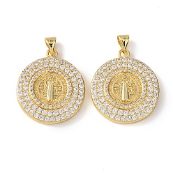 Плоский Круглый Латунные микро проложить кубического циркония подвески, плоский круглый с подвесками Святого Бенедикта, без свинца и без кадмия, стойки покрытие, долговечный, реальный 18 k позолоченный, плоско-круглые, 27x23.5x4.5 мм, отверстие : 5x3 мм