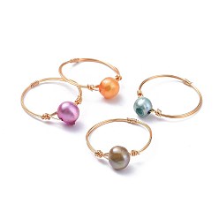 Golden Dyed Natural Freshwater Pearl Rings, with Eco-Friendly Copper Wire, Golden, Mixed Color, 20mm, 1~1.5mm