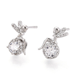 Платинированный Латунные микро проложить серьги стержня кубического циркония, фея, Реальная платина, 12x7.5 мм
