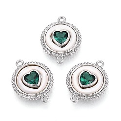 Платина Подвески из латуни с зелеными кубическими циркониями, инкрустированными кристаллами, и соединительными элементами в виде ракушек., плоский круглый с сердечками, платина, 18x14x4 мм, отверстие : 1.2 мм