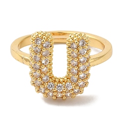 Letter U Стойка покрытие буква латунь микро паве прозрачный кубический цирконий регулируемые кольца для женщин, реальный 18 k позолоченный, Буква U, 13x12 мм, внутренний диаметр: 17 мм