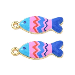 Blue Printed Brass Pendants, Fish with Stripe Charms, Rack Plating, Long-Lasting Plated, Lead Free & Cadmium Free, Real 18K Gold Plate, Blue, 26.5x10x2.5mm, Hole: 2mm