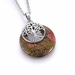Унакит Натуральные ожерелья из натурального ожерелья, с 304 фурнитурой из нержавеющей стали, плоские круглые с деревом, 19.68 дюйм (50 см), Кулон : 40x28x6 мм