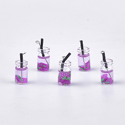 Medium Orchid Glass Bottle Pendants, with Resin, Plastic and Iron Findings, Fruit Tea Charms, Platinum, Medium Orchid, 25~28x10mm, Hole: 1.8mm