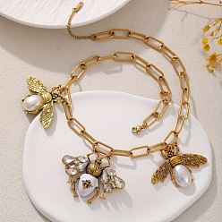 Золотой Кулон в виде пчел из сплава с кристаллами и стразами, подвеска-нагрудник с искусственным жемчугом., белые, золотые, 15.75 дюйм (40 см)