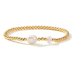 Brass Brass & Imitation Pearl Beads Stretch Bracelets for Women, Round, Golden, 6.89 inch(17.5cm)