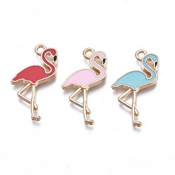 (52) Непрозрачная лаванда Подвески из эмали и сплава, без кадмия, без никеля и без свинца, золотой свет, форма фламинго, разноцветные, 25.5x15x2 мм, отверстие : 1.6 мм