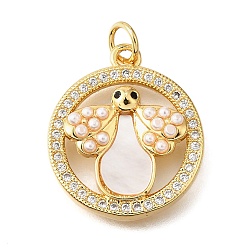 Настоящее золото 18K Латунные микропаве кубические цирконии АБС имитация жемчуга подвески, с оболочкой, круглый с пчелками-талисманами, с целью перехода в кольце, без кадмия и без свинца, реальный 18 k позолоченный, 21x18x4.5 мм, отверстие : 3.5 мм