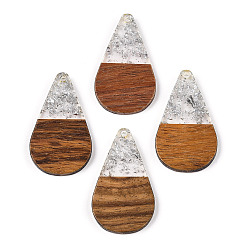 Silver Transparent Resin & Walnut Wood Pendants, with Foil, Teardrop Charm, Silver, 38x22x3mm, Hole: 2mm
