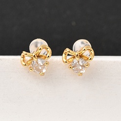 Bowknot Серьга-гвоздик с прозрачным кубическим цирконием из латуни, с 316 хирургическим стержнем из нержавеющей стали, без никеля , реальный 18 k позолоченный, бантом, 7x8 мм