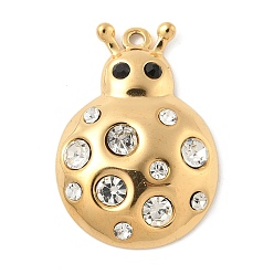 Кристалл 304 подвески из нержавеющей стали, со стразами, божья коровка прелести, реальный 18 k позолоченный, кристалл, 30x21x6 мм, отверстие : 1.6 мм