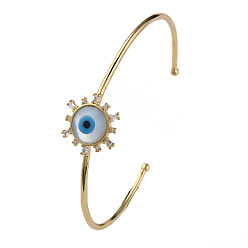 Deep Sky Blue Shell Evil Eye Open Cuff Bangle with Synthetic Turquoise, Real 18K Gold Plated Brass Bangle with Clear Cubic Zirconia for Women, Deep Sky Blue, Inner Diameter: 2-1/2 inch(6.2cm)