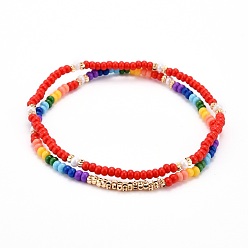 Red Glass Seed Beads Stretch Bracelets, with Brass Beads, Red, Inner Diameter: 2-1/4 inch(5.8cm), 2pcs/set