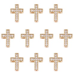 Настоящее золото 18K 10шт латунь микро паве прозрачные бусины кубического циркония, крестик, реальный 18 k позолоченный, 13x10x4 мм, отверстие : 1 мм