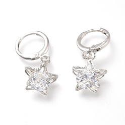 Platinum Brass Huggie Hoop Earrings, with Clear Cubic Zirconia, Star, Platinum, 27mm, Pin: 0.8mm
