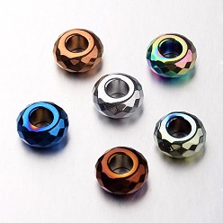 Mixed Color Electroplate Non-magnetic Synthetic Hematite European Beads, Faceted, Large Hole Rondelle Beads, Mixed Color, 14x6mm, Hole: 6mm