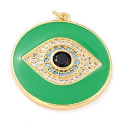 Green Real 18K Gold Plated Brass Micro Pave Cubic Zirconia Pendants, with Jump Ring and Enamel, Long-Lasting Plated, Flat Round with 
Evil Eye, Green, 33x30x4mm, Jump Ring: 5x1mm, 3mm Inner Diameter