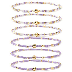 Лиловый 6 Браслеты ручной работы из стеклянного бисера и латунных бусин, эластичные., Регулируемый набор украшений для женщин, которые можно носить в несколько рядов., сирень, 6.50 дюйм (16.5 см)