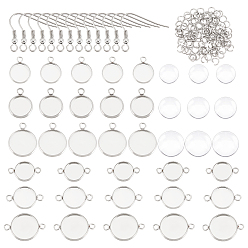 Stainless Steel Color DIY Flat Round Drop Earring Making Kit, Including 304 Stainless Steel Cabochon Settings & Earring Hooks, Glass Cabochons, Stainless Steel Color, Cabochon Settings: 60pcs/set