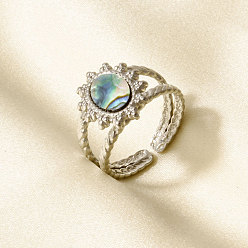 Нержавеющая Сталь Цвет 304 Открытые кольца-манжеты из нержавеющей стали с натуральными ракушками для женщин, солнце, цвет нержавеющей стали, 14 мм, внутренний диаметр: 17 мм