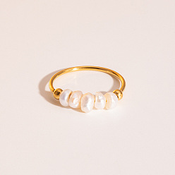 Настоящее золото 18K Кольца из нержавеющей стали с пресноводным жемчугом во французском стиле для женщин, реальный 18 k позолоченный, 5 мм, внутренний диаметр: 17.8 мм