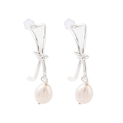 Platinum Natural Pearl Ear Studs, with Brass Findings and 925 Sterling Silver Pins, Round, Platinum, 30.5x8mm