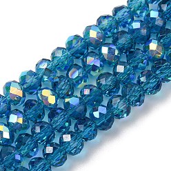 Темно-Голубой Гальванизируйте прозрачное стекло бисер нитей, рондель, с покрытием AB цвета, с половиным покрытием, граненые, глубокое синее небо, 4x3 мм, отверстие : 1 мм, около 145~148 шт / нитка, 17.83~18.31'' (45.3~46.5 см)