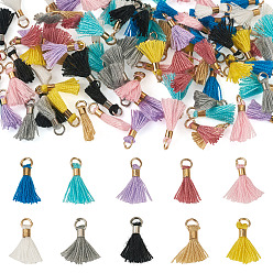 Mixed Color 100Pcs 10 Colors Polycotton(Polyester Cotton) Tassel Pendant Decorations, Mini Tassel, with Brass Clasps & Iron Rings, Mixed Color, 10~15x3~4mm, Hole: 2mm, 10pcs/color