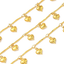 Golden Rack Plating 304 Stainless Steel Bar link chain, with Heart Charm, Soldered, with Spool, Golden, 14x2x1mm, about 16.40 Feet(5m)/Roll