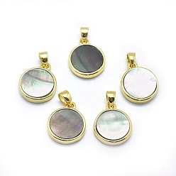 Dark Slate Gray Shell Pendants, with Golden Tone Brass Findings, Flat Round, Dark Slate Gray, 14x11.5x2.5mm, Hole: 3x3.5mm
