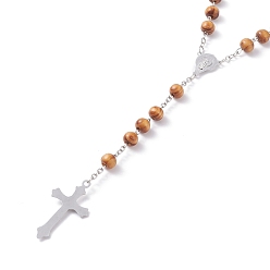 BurlyWood Religious Prayer Pine Wood Beaded Lariat Necklace, Virgin Mary Crucifix Cross Rosary Bead Necklace for Easter, Platinum, BurlyWood, 29-1/8 inch(74cm)