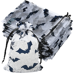 Черный Сумки из органзы с завязками на тему Хэллоуина с принтом летучих мышей, прямоугольные, чёрные, 15.5x10x0.03 см