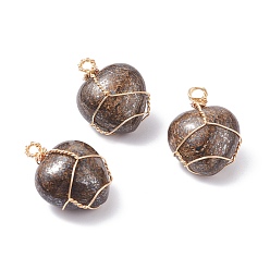 Bronzite Natural Bronzite Pendants, with Real 18K Gold Plated Eco-Friendly Copper Wire, Heart, 25x20x14~15mm, Hole: 2~2.2mm