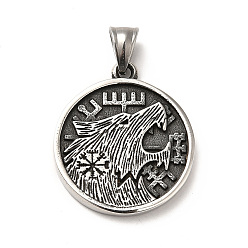Antik Silber Farbe 304 Edelstahl Anhänger, flache Runde mit Wolf, Antik Silber Farbe, 33.5x29x4 mm, Bohrung: 5x7 mm