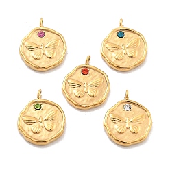 (52) Непрозрачная лаванда 304 из нержавеющей стали горный хрусталь подвески, плоская круглая бабочка, ионное покрытие (ip), реальный 14 k позолоченный, разноцветные, 15.5x12.5x2 мм, отверстие : 1.8 мм