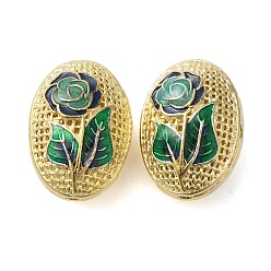 Зеленый Стойки покрытие латунь эмаль бисер, без кадмия и без свинца, овальные с цветком, реальный 18 k позолоченный, долговечный, зелёные, 19.5~20x14~14.5x10.5м 11.5м ~, отверстие : 1.6 мм