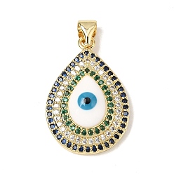 Белый Латунные микро проложить кубического циркония подвески, с эмалью, долговечный, стойки покрытие, без свинца и без кадмия, Подвески в виде слезы со злым взглядом, реальный 18 k позолоченный, белые, 24x16.5x7.5 мм, отверстие : 3.5x2 мм