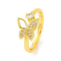 Настоящее золото 18K Открытые манжеты из латуни с бабочкой и микро-паве с прозрачным фианитом для женщин, без кадмия, без никеля и без свинца, реальный 18 k позолоченный, внутренний диаметр: 17 мм