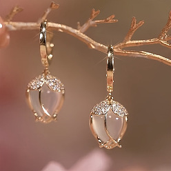 Light Gold Серьги-подвески из сплава с прозрачным кубическим цирконием, со стеклом и опалом, цветок, золотой свет, 32x12 мм