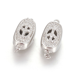 Clear Anti-Tarnish Rhodium Plated 925 Sterling Silver Box Clasps, with Cubic Zirconia, with 925 Stamp, Oval with Peace Sign, Platinum, Clear, 18x8x7mm, Hole: 1mm
