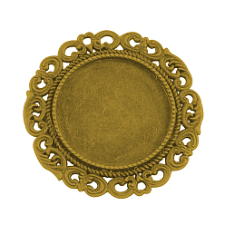 Antique Golden Flat Round Tibetan Style Brooch Cabochon Settings, with Iron Back Bar Pins, Cadmium Free & Nickel Free & Lead Free, Antique Golden, Tray: 25mm, 39x7mm