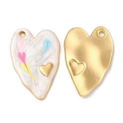 Floral White 304 Stainless Steel Enamel Pendants, Real 18K Gold Plated, Heart Charm, Floral White, 36x24x2.5mm, Hole: 2.5mm