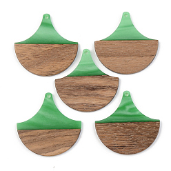 Green Opaque Resin & Walnut Wood Pendants, Fan, Green, 38x38x3mm, Hole: 2mm