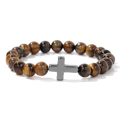 Тигровый глаз Естественно тигровый глаз стрейч браслеты, с крестиками из синтетического гематита, периметр: 7-1/2 дюйм (19 см)