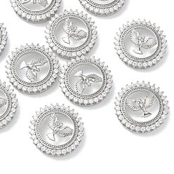 Platine Pendentifs en laiton Shegrace avec zircon cubique transparent, plat rond avec breloques oiseaux, sans cadmium et sans plomb et sans nickel, platine, 17.5x5mm, Trou: 3x1.5mm