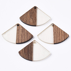 Прозрачный Подвески из смолы и дерева, форма вентилятор, прозрачные, 26x37.5~38x3.5 мм, отверстие : 2 мм