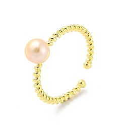 Real 14K Gold Plated Brass Open Cuff Rings, with Natural Pearl, Real 14K Gold Plated, US Size 7(17.3mm)